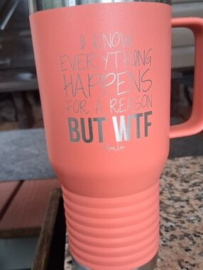 Coral Travel Mug with Handle - 'But WTF' Quote